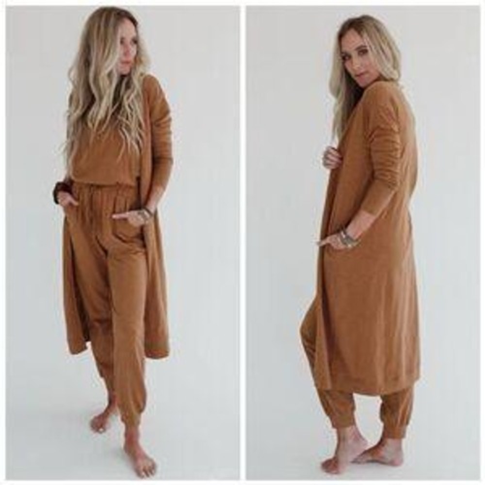 Three Bird Nest Long Duster Open Front Cardigan Sweater Cotton Camel Tan Size S